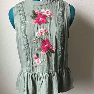 NWT Alya No Sleeve Sage Green Blouse Embroidered